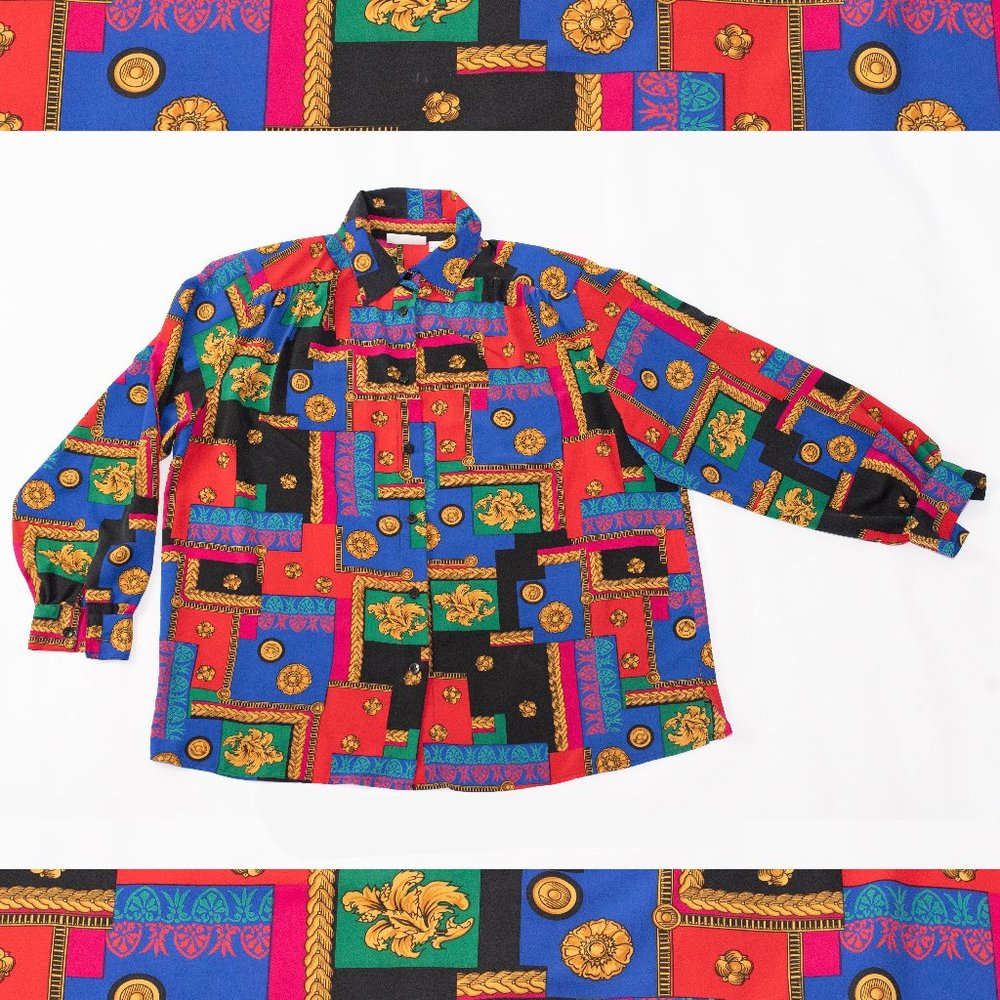 80s 90s Vintage Colorblock Brocade Bold Maximalist Medium Alfred Dunner Blouse